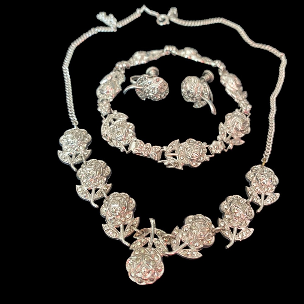 Vintage Floral Sterling  Marcasite Necklace, Bracelet & Earring Set